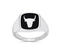 Personalized Unisex Signet Black Onyx Square Gemstone Western Texas Longhorn Buffalo Cow Antelope Skull Bull Men's Ring .925 Sterling Silver Customizable
