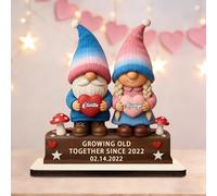 Personalized Valentines Day Gnome Couple Wooden Sign Plaque Desk Figurines, Custom Name Growing Old Together Gnome Couple Figurines Standing Wooden Plaque Gift for Him Her