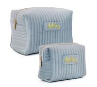 Personalized Velvet Makeup Bag, Custom Name Quilted Cosmetic Bag, Travel Toiletry Bag with Metal Zipper, Personalized Gift for Wedding Bridesmaid/Wife/Mother(Blue,L)
