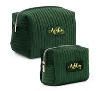 Personalized Velvet Makeup Bag, Custom Name Quilted Cosmetic Bag, Travel Toiletry Bag with Metal Zipper, Personalized Gift for Wedding Bridesmaid/Wife/Mother(Green,L)