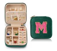 Personalized Velvet Travel Jewelry Case Box For Women Ring Necklace Earring Holder Organizer with Mirror Green Girls Box Birthday Gifts Mom Initial M