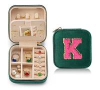 Personalized Velvet Travel Jewelry Case Box For Women Ring Necklace Earring Holder Organizer with Mirror Green Girls Box Birthday Gifts Mom Initial K