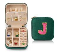 Personalized Velvet Travel Jewelry Case Box For Women Ring Necklace Earring Holder Organizer with Mirror Green Girls Box Birthday Gifts Mom Initial J