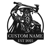 Personalized Viking Warrior Metal Wall Art, Custom Norse Name with Axe and Vegvisir Design, Nordic Man Cave Decor for Office and Den (Style-3)