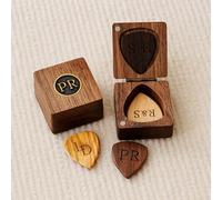 Personalized Walnut Guitar Pick Box with Antique Brass Inlay, Plectrum Box, Guitar Player Gift, Wooden Guitar Pick Kit