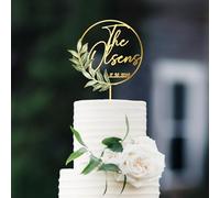 Personalized Wedding Cake Topper with Custom Bride & Groom's Last Name and Wedding Date Round Cake Decoration with Green Leaves
