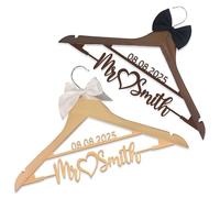 Personalized Wedding Hangers - Bride Groom Wooden Dress/Tuxedo Set with Engraved Names & Dates Elegant Bow Tie Bridal Party Gift Keepsake