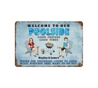 Personalized Welcome to Our Poolside Couple Metal Pool Sign Custom Name Portrait Outdoor Poolside Sign Funny Backyard Camping Wall Decor Housewarming Wedding Gifts for Couple Family Xmas