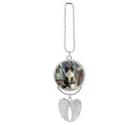 Personalized White and Black Kitten Sitting Car Rearview Mirror Ornament Double Side Custom Photo Picture Car Hanging Pendant Accessories Alloy Angel Wings Vehicle Decoration Silver