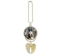 Personalized White and Black Kitten Sitting Car Rearview Mirror Ornament Double Side Custom Photo Picture Car Hanging Pendant Accessories Alloy Angel Wings Vehicle Decoration Golden
