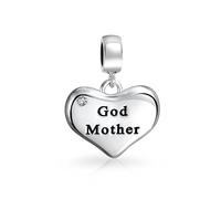 Personalized White Crystal Accent BFF Word Heart Shape God Mother Dangle Bead Charm For Women Oxidized .925 Sterling Silver Fit European Bracelet