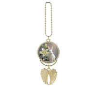 Personalized White Rabbit and Lilies Car Rearview Mirror Ornament Double Side Custom Photo Picture Car Hanging Pendant Accessories Alloy Angel Wings Vehicle Decoration Golden