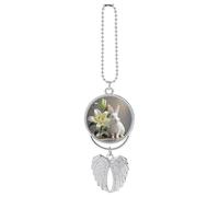 Personalized White Rabbit and Lilies Car Rearview Mirror Ornament Double Side Custom Photo Picture Car Hanging Pendant Accessories Alloy Angel Wings Vehicle Decoration Silver