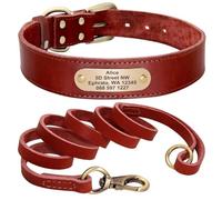 Personalized With ID Name Phone Number Tag Nameplate Adjustable Pu Leather Dog Collar Leash Set For Bulldog Pitbull Shiba Inu Labrador,Red,L
