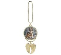 Personalized Wolf Car Rearview Mirror Ornament Double Side Custom Photo Picture Car Hanging Pendant Accessories Alloy Angel Wings Vehicle Decoration Golden
