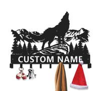Personalized Wolf Howling Metal Wall Art with Hook, Custom Ranch or Cabin Name Sign, Functional Rustic Decor for Cabin and Den (Style-4)
