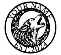 Personalized Wolf Metal Wall Art,Custom Wolf Wall Decor, Wolf Family, Wolf Metal Sign,Howling Wolf Sign,Wolf name sign,Personalized Hunting sign,Hunter Gift,Wolf Lover Gift (Wolf-E)