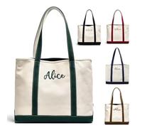 Personalized Women Embroidered Name Tote Bag Reusable Canvas Shopping Bag Top Zipper Closure For Women Beach Travel & Daily Essentials Groceries