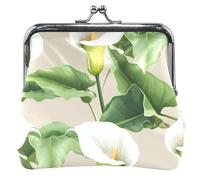 Personalized Women's Cute Coin Purse Leather White Calla Lily Flowers Green Leaves Kiss Lock Coin Card Change Wallet, White Calla Lily Flowers Green Leaves, Classic