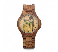 Personalized Wood Watch for Men, Custom DIY Black and White Line Art Photo Dial, Engraved Back Case, 40mm Brown Bamboo Wooden Wristwatch with Link Bracelet, Unique Anniversary Birthday Gifts for man