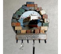 Personalized Wooden 2D Flat Print Container Ship Themed Wall Hooks for Living Room Hallway Office Custom Name Container Crane Coat Rack Port Transportation Key Storage Holder for Women Men Friends