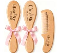 Personalized Wooden Baby Hair Brush Set Custom Engraved Combs | Soft Goat Bristles, Beech Wood, Multicolor Ribbon Detailing, Perfect Newborn Welcome Party Souvenir(Pink)