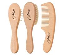 Personalized Wooden Baby Hairbrush Set with Soft Goat Bristles, Customizable Name and any text, Grooming Kit for Cradle Cap Care, Suitable for Wet and Dry Hair (Three-piece set)