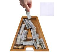 Personalized Wooden Money Box, A-Z Letters Wooden Piggy Bank, Coin Bank with DIY Alphabet Stickers, Money Saving Bank Coin Storage Box Birthday Xmas Back to School Gifts (A)