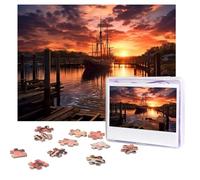 Personalized Wooden Puzzle 500 Pieces Jigsaw Puzzles for Adults Boat harbor in the sunset Family Reunion Puzzle Gift for Birthday Christmas