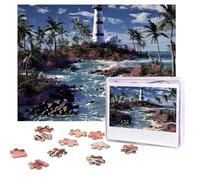 Personalized Wooden Puzzle 500 Pieces Jigsaw Puzzles for Adults Lighthouse and Palm Trees Family Reunion Puzzle Gift for Birthday Christmas