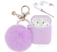 PERSONALLY YOURZ Airpod Case Cover, For Apple Airpod 2 & 1 Generation, Silicone Shockproof Protective Airpod Case【Front LED Visible, Support Wireless Charging】With Keyring & Fluffy Pompom - LILAC
