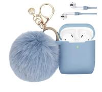 PERSONALLY YOURZ Airpods 2nd Gen Case Cover For Apple Airpods【Front LED Visible Support Wireless Charging】Cute Airpods Case With Anti-loss Straps & Soft Fluffy Pompom - LIGHT BLUE