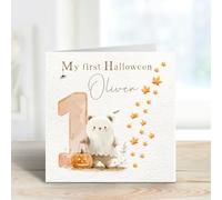 Personlised My First Halloween Card - Cute Bear Ghost with Pumpkin & Autunm Leaves - Baby's 1st Hallloween Keepsake Card