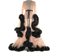 Perspective Feather Robe for Women Comfortable Soft Breathable Lingerie Bathrobe Mesh Flare Sleeves Tulle Lotus Leaf Long Bathrobe Party Wedding Dress,C,one size
