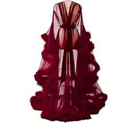 Perspective Feather Robe for Women Comfortable Soft Breathable Lingerie Bathrobe Mesh Flare Sleeves Tulle Lotus Leaf Long Bathrobe Party Wedding Dress,E,one size