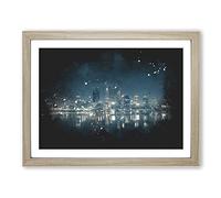 Perth City Skyline Australia At Night Paint Splash Modern Art Framed Print | A4 Oak Framed Wall Art | Ready to Hang | Modern Cityscape Picture | Living Room Bedroom Lounge Office