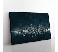 Perth City Skyline Australia At Night Painting Modern Art Canvas Wall Art Print Ready to Hang, Framed Picture for Living Room Bedroom Home Office Décor, 60x40 cm (24x16 Inch)