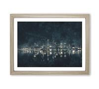 Perth City Skyline Australia At Night Painting Modern Art Framed Print | A3 Oak Framed Wall Art | Ready to Hang | Modern Cityscape Picture | Living Room Bedroom Lounge Office