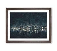 Perth City Skyline Australia At Night Painting Modern Art Framed Print | A4 Walnut Framed Wall Art | Ready to Hang | Modern Cityscape Picture | Living Room Bedroom Lounge Office