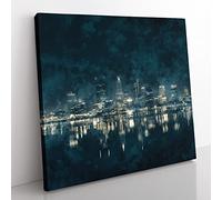 Perth City Skyline Australia at Night Painting Modern Canvas Wall Art Print Ready to Hang, Framed Picture for Living Room Bedroom Home Office Décor, 35x35 cm (14x14 Inch)