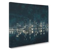 Perth City Skyline Australia at Night Painting Modern Canvas Wall Art Print Ready to Hang, Framed Picture for Living Room Bedroom Home Office Décor, 20x20 Inch (50x50 cm)