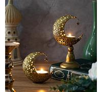 Perthlin 2 Pcs Golden Moon Shape Candle Holder Metal Candlestick Holder Ramadan Decorations Eid Mubarak Table Decor for Birthday, Wedding, Church, Table Centerpiece Decoration