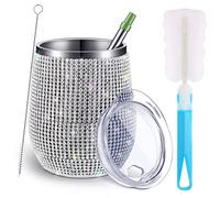 Perthlin Bling Water Bottle Bling Cup Diamond Tumbler Rhinestone for Tumblers Glitter Wine Glass Tumbler Girls Trip Cups, Straw, Straw Brush and Cup Brush for Wine Coffee Cocktails Champaign (Silver)