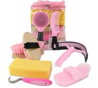 Perttypet Horse Care Set 9 Pieces with Carry Bag, Horse Cleaning Set with Soft and Hard Wooden Horse Brushes, Hoof Pick, Mane Brush, Sweat Scraper, etc., Children's Cleaning Box for Horses, Pink