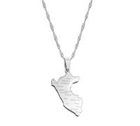 Peru Map Wity City Name Pendant Necklace Men Map Peru Stainless Steel Necklace, 60cm Thin Chain, Copper, Agate