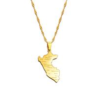 Peru Map Wity City Name Pendant Necklace Men Map Peru Stainless Steel Necklace, 60cm Thin Chain, Copper, Agate