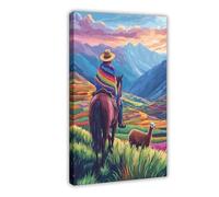 Peruvian Farmer on Horse Illustration, Andes Mountains Canvas Poster Wall Art Decor Print Picture Paintings for Living Room Bedroom Decoration 08x12inch(20x30cm)