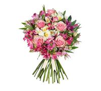 Peruvian Lily and Rose Bouquet - Handcrafted Fresh Flowers Featuring Cerise, Pink, White and Yellow Alstroemeria with Belle Roses - Long-Lasting Gift for Birthday, Anniversary or Any Occasion