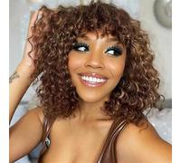 Peruvian Short Pixie Bob Human Hair Wig With Bangs Jerry Curly Highlight Honey Blonde Wig For Women