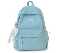 Peryauts Japanese School Bag Bow School Bag - Cute Embroidered Bow & Pearl Lace Charm, Lightweight Nylon Backpack, Blue